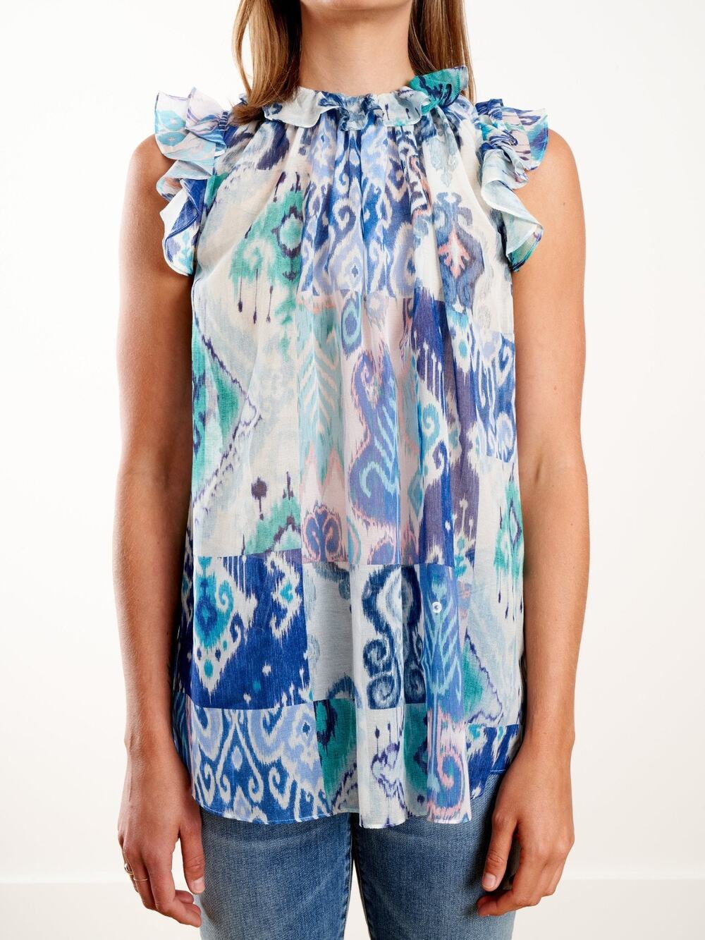 Zimmerman Glassy Ruffle Blue Ikat Patch Silk Blend Sleeveless Top 1 US 6